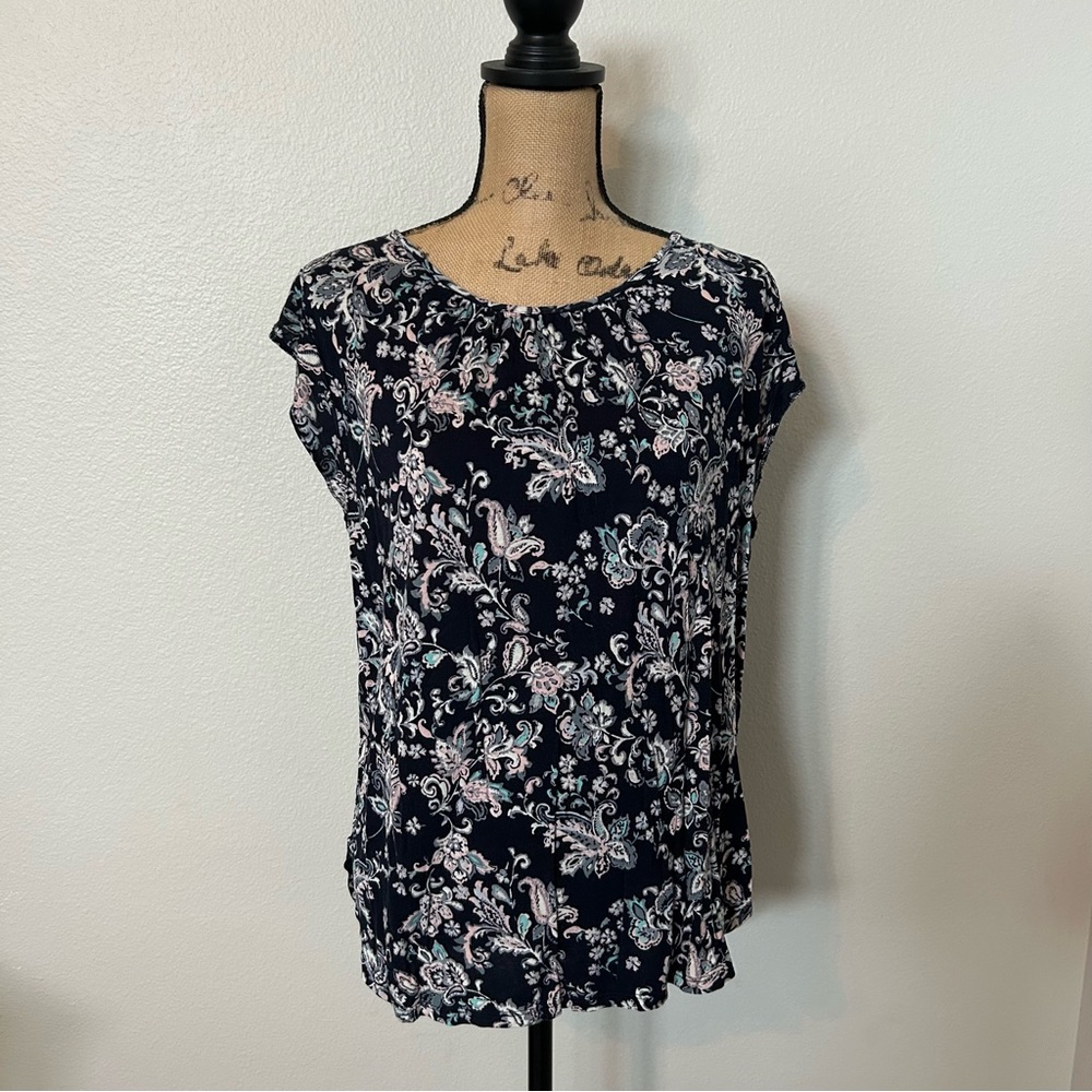 LOFT Navy and Pink Floral Blouse
